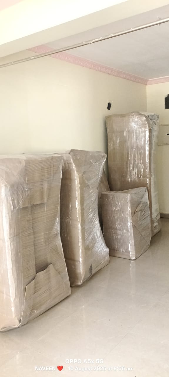 High-density thermocol corner guards and stretch wrap on double-door refrigerator